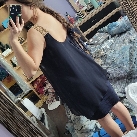 Navy Blue Formal Dress with Gold Chain Link Strap Fits Like Size 8 - Picture 7 of 13